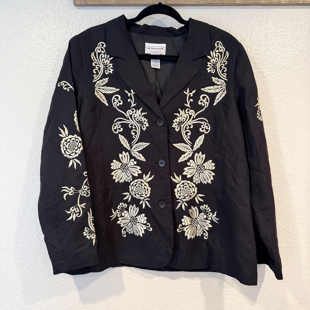 Victor Costa Occasion Blazer Womens Large Black Linen Rayon Floral Embroidered